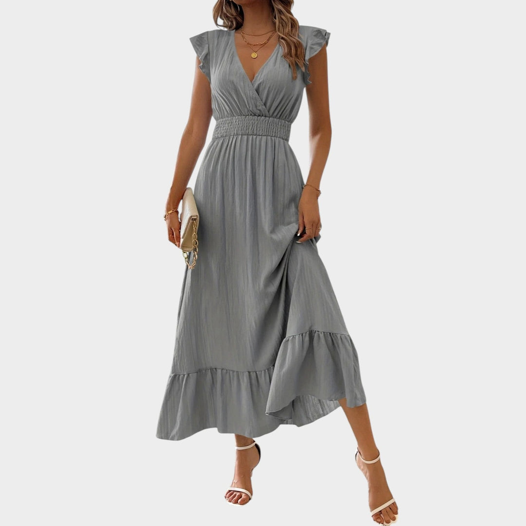 Close-up of tiered ruffle sleeve detail on women's summer maxi dress