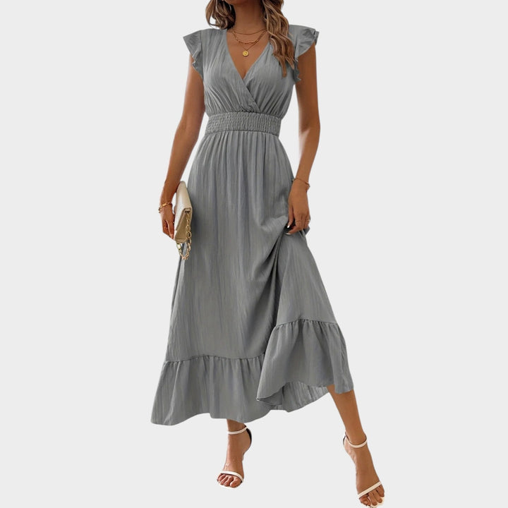 Close-up of tiered ruffle sleeve detail on women's summer maxi dress