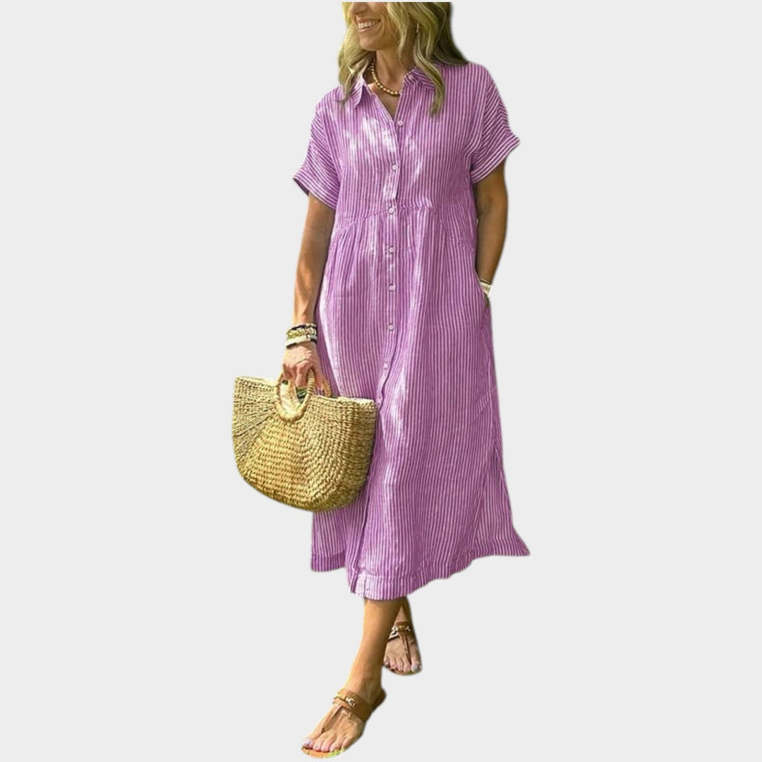 Chic women's striped dress with collar and front button closure