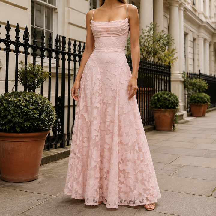 Woman wearing a pink floral appliqué maxi dress with a draped neckline outdoors.