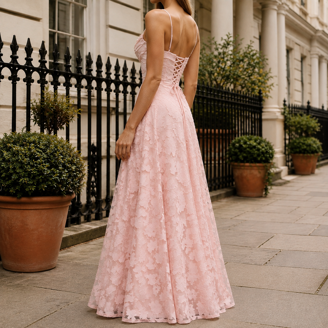 Back view of women's floral appliqué maxi dress featuring open back design for formal evening wear