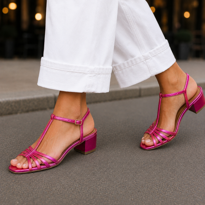 Close-up of women's vibrant pink metallic T-bar sandals featuring buckled ankle straps and block heels