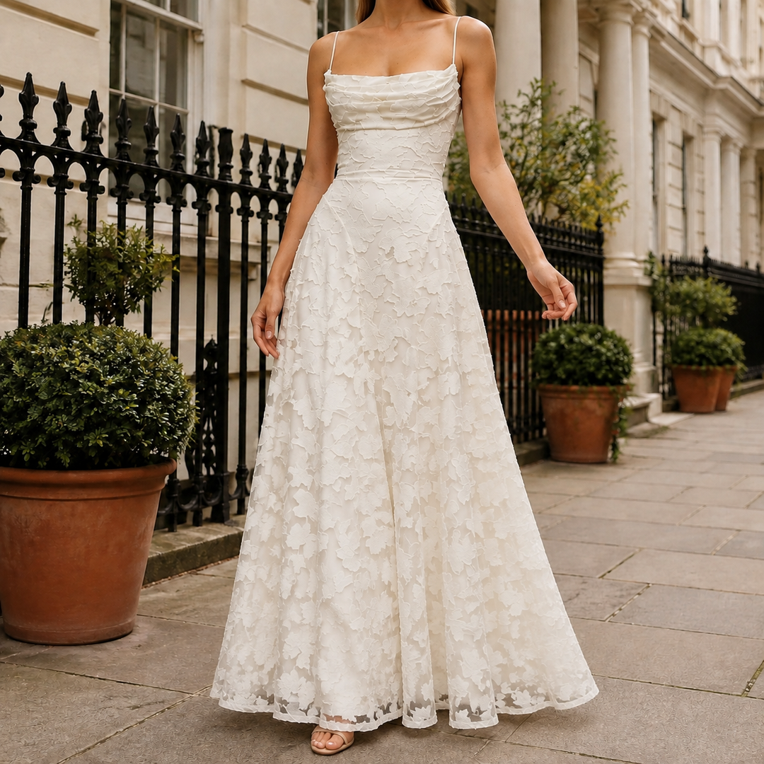 Woman wearing an ivory floral appliqué maxi dress standing by historic architecture.