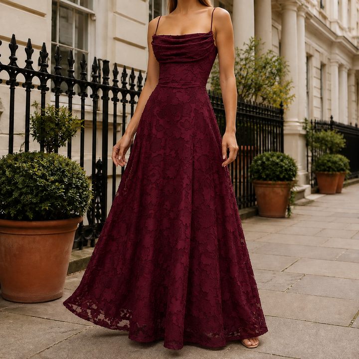 Woman wearing a burgundy floral appliqué maxi dress showcasing the flowing A-line skirt.