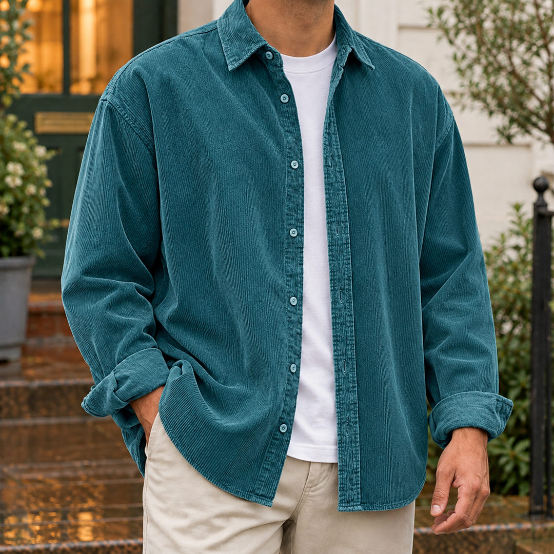 Black men's casual textured overshirt with front button closure
