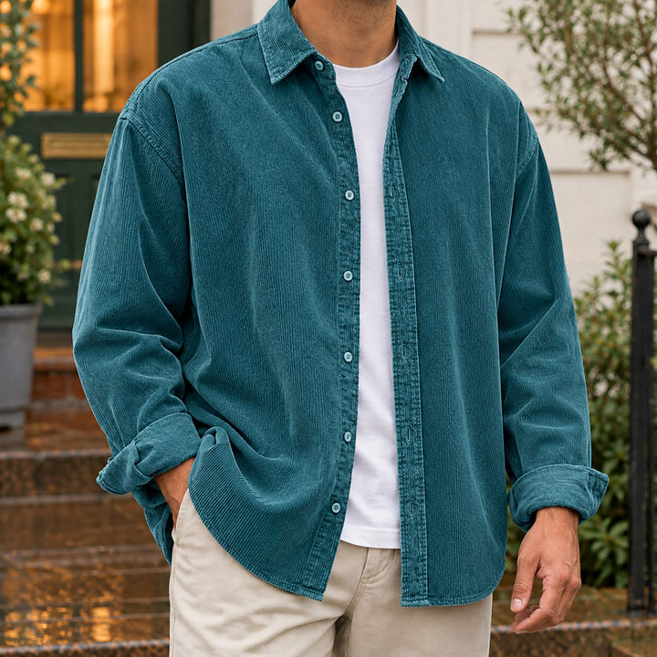 Black men's casual textured overshirt with front button closure