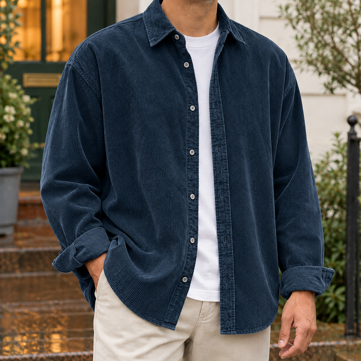 Khaki men's button down textured overshirt for layering