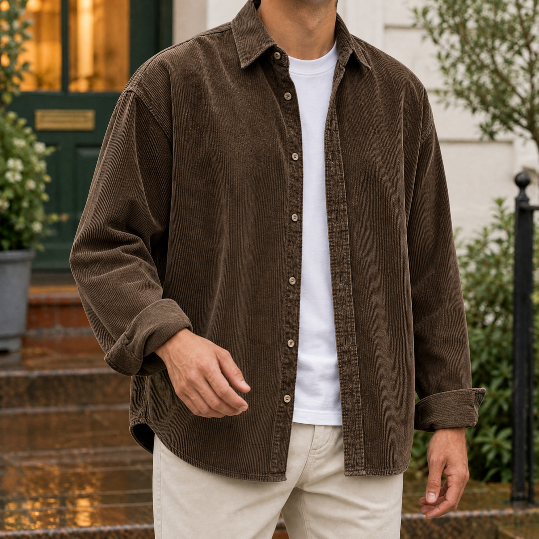 Close-up of fabric texture on men's casual overshirt