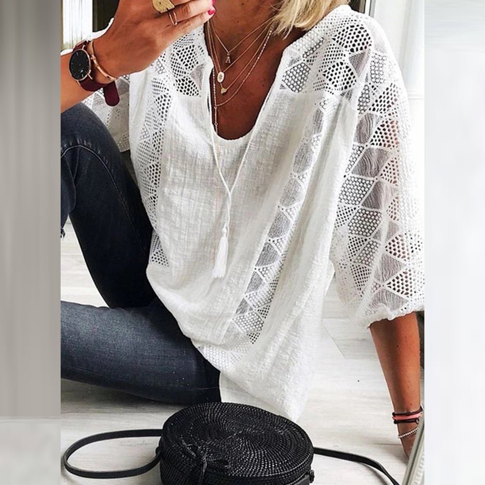 Womens boho crochet detail loose blouse in white, casual summer top
