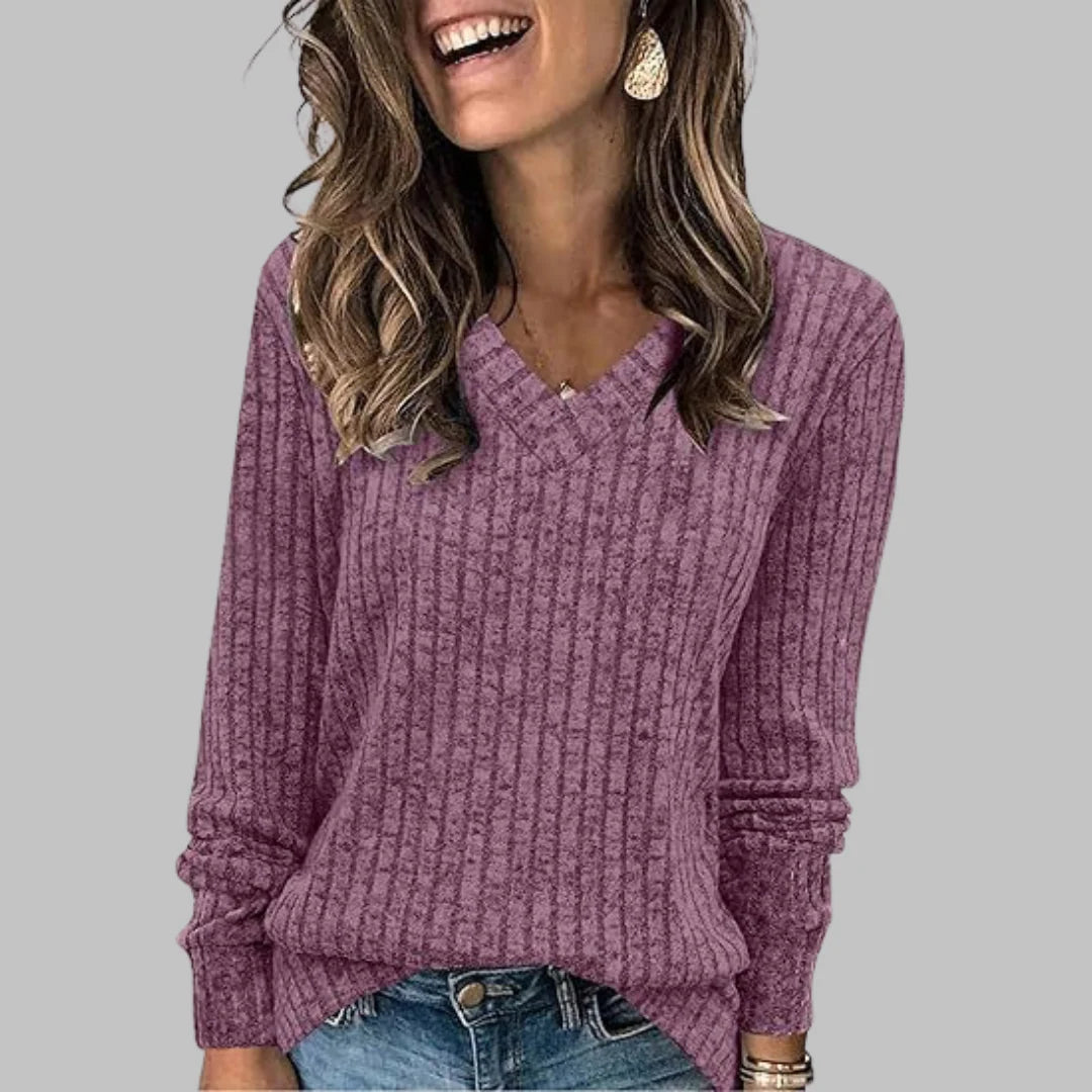 Celia | Women’s Ribbed V Neck Long Sleeve Sweater
