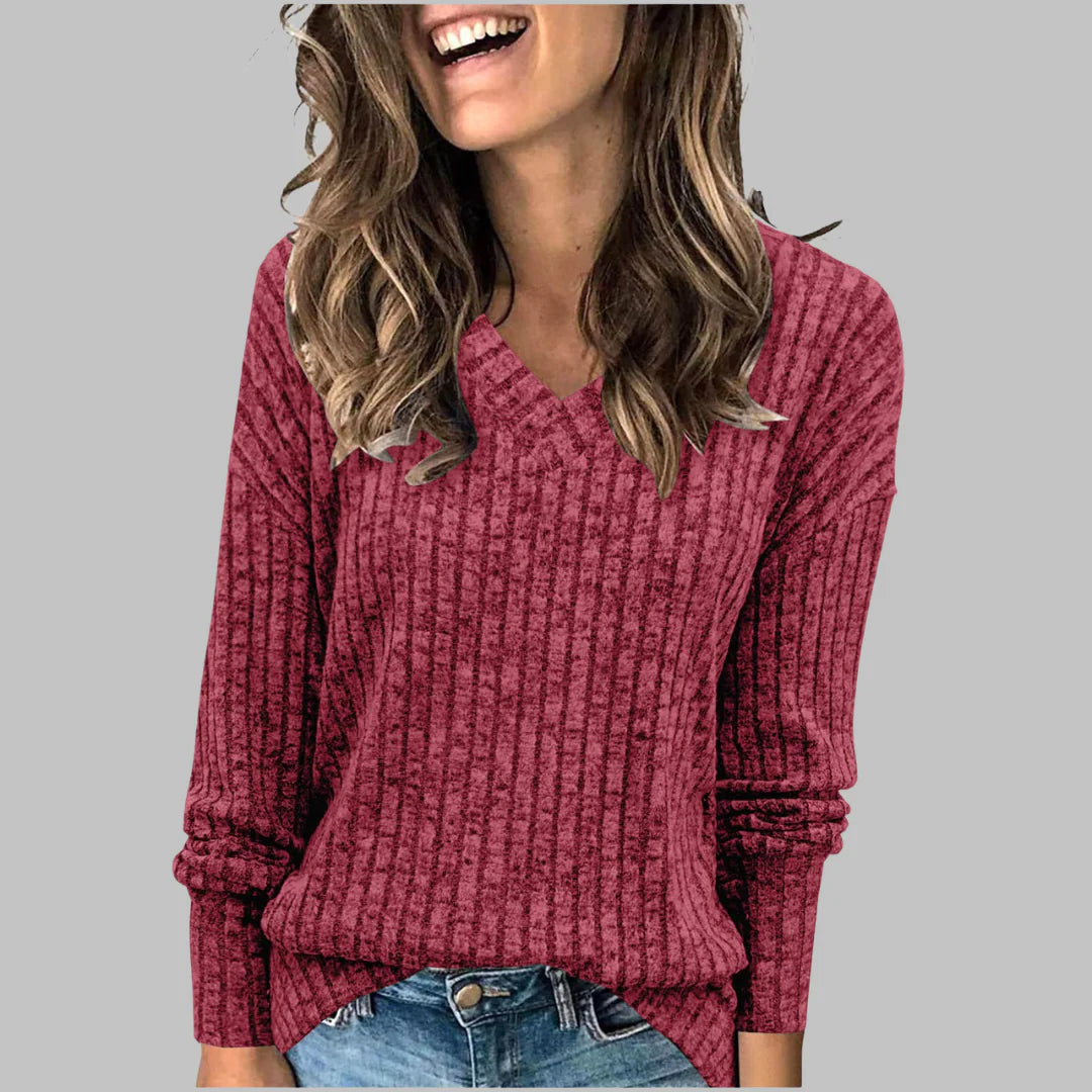 Celia | Women’s Ribbed V Neck Long Sleeve Sweater