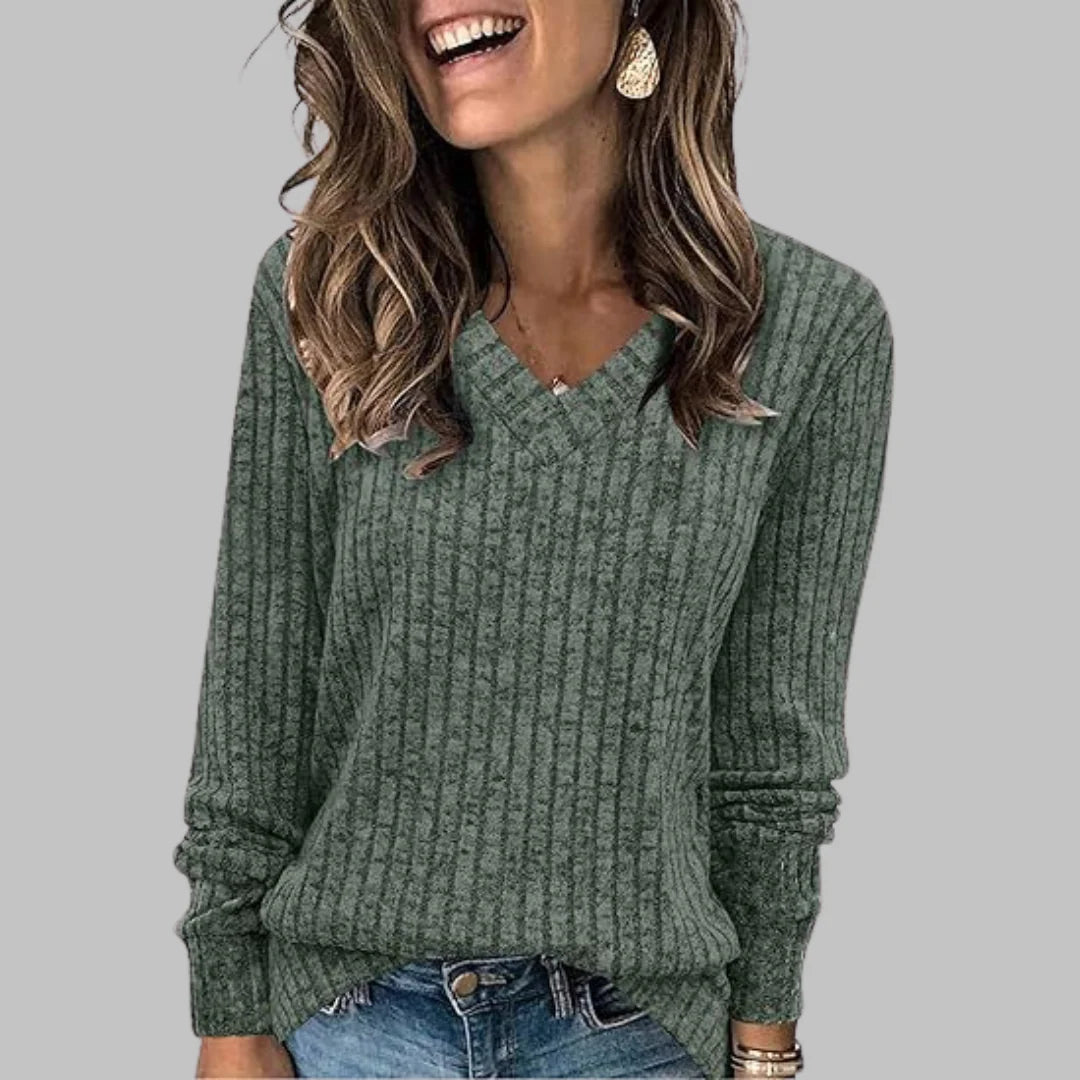 Celia | Women’s Ribbed V Neck Long Sleeve Sweater