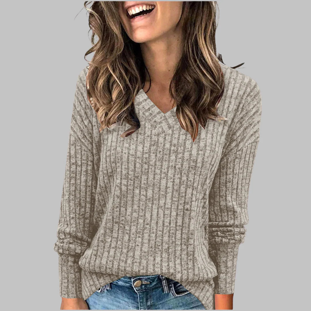 Celia | Women’s Ribbed V Neck Long Sleeve Sweater