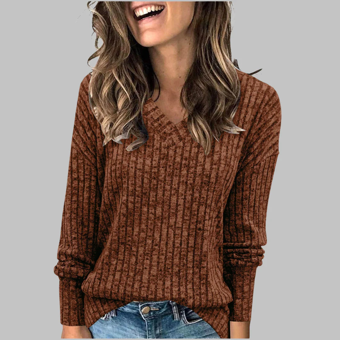 Celia | Women’s Ribbed V Neck Long Sleeve Sweater
