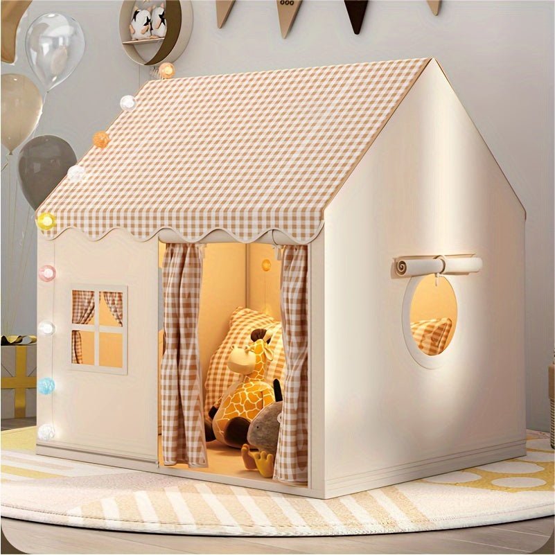 Front view of the kids indoor playhouse with checkered roof and string lights