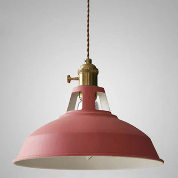Industrial retro pendant lamp showing detailed metal shade construction