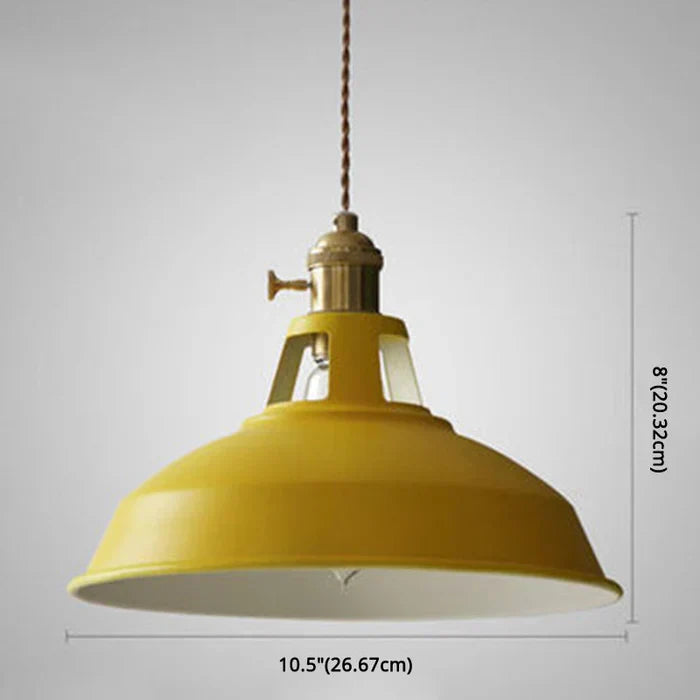 Industrial hanging light fixture mounted on a high ceiling