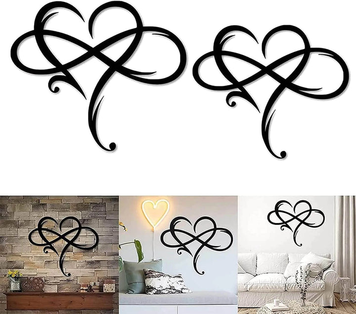 Metal wall art featuring an interlocking heart and infinity symbol for romantic home decor