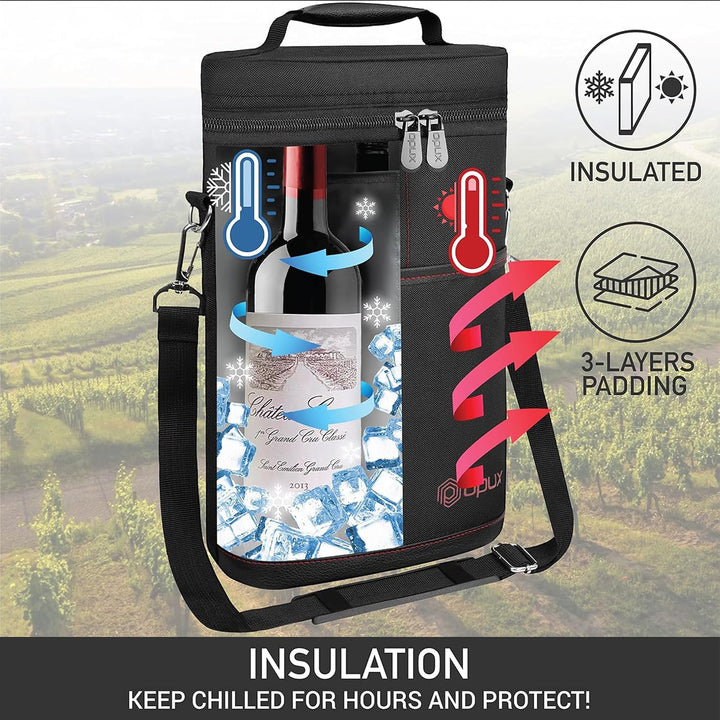 Black insulated wine bottle carrier bag with shoulder strap