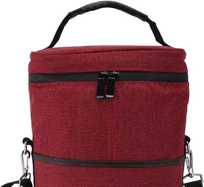 Close-up of the upper zipper and handle design on the red wine cooler tote bag
