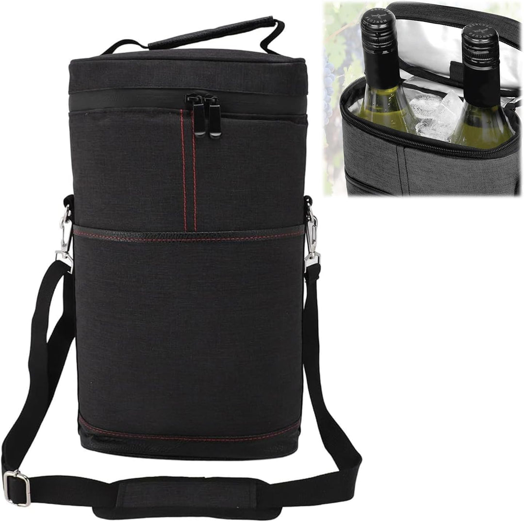 Travel wine cooler bag holding two bottles securely with padding