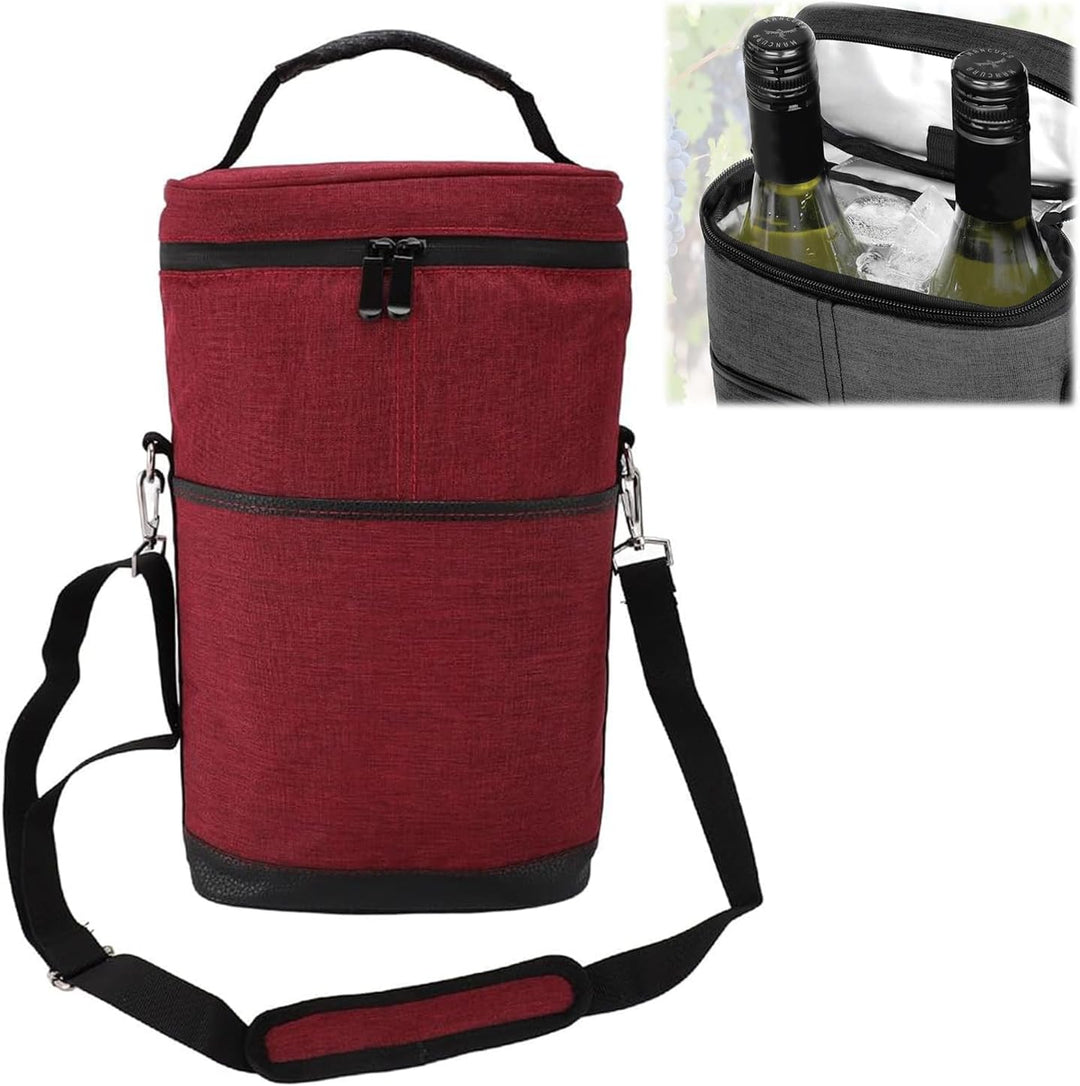 Red 2-bottle insulated wine cooler bag with shoulder strap and internal view inset