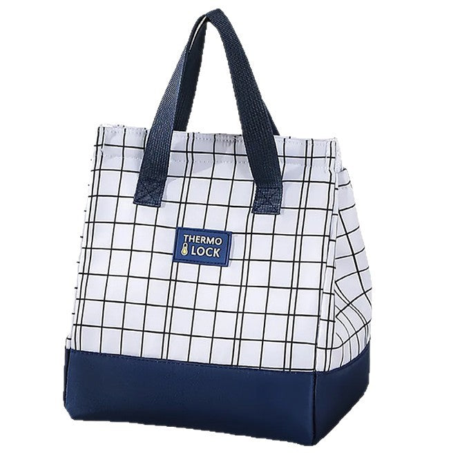 Flat lay of insulated lunch bag and picnic food storage accessories