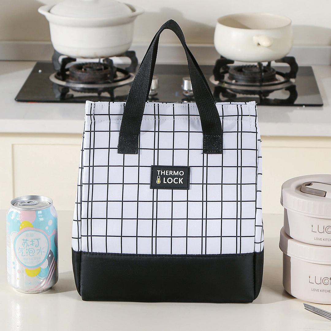 Black accented insulated food storage cooler tote bag with grid pattern