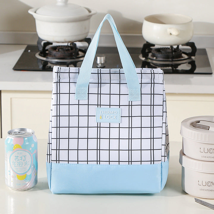 Blue accented insulated food storage cooler tote bag for daily meals