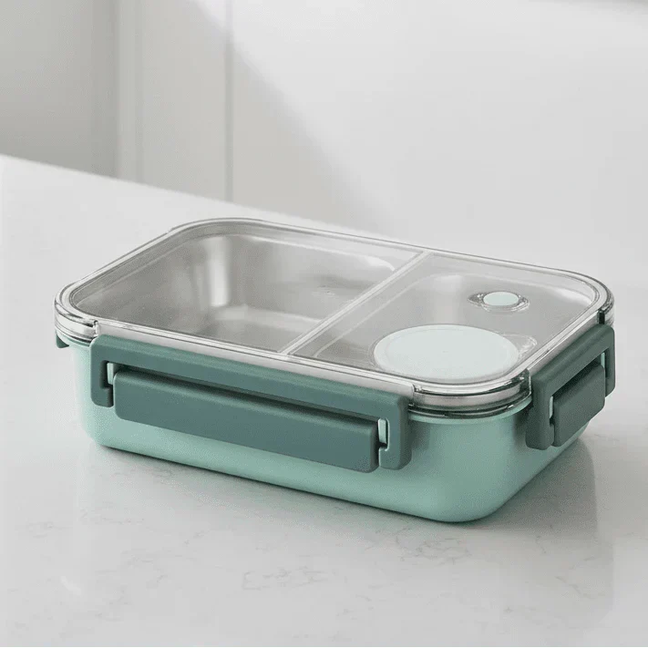 Insulated heating lunch box in green with two compartments and clear lid