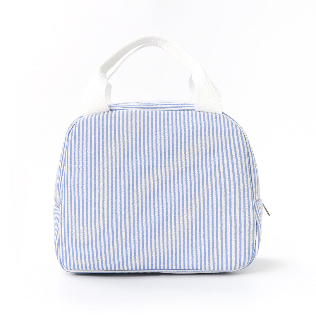 Light blue striped insulated lunch bag with white handles