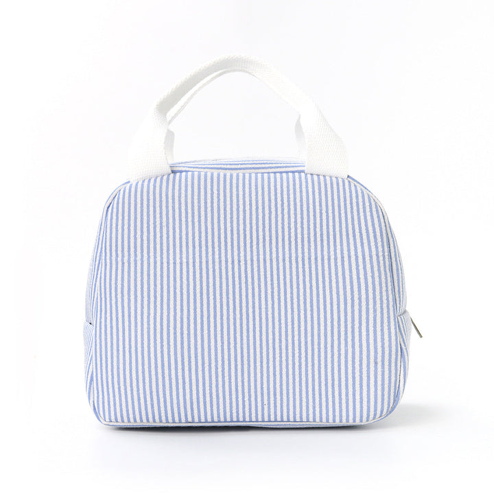 Light blue striped insulated lunch bag with white handles