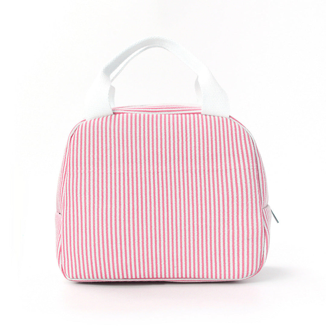 Fuchsia striped insulated lunch bag on a white background
