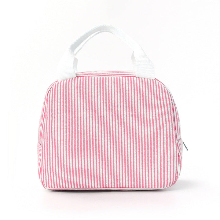 Fuchsia striped insulated lunch bag on a white background