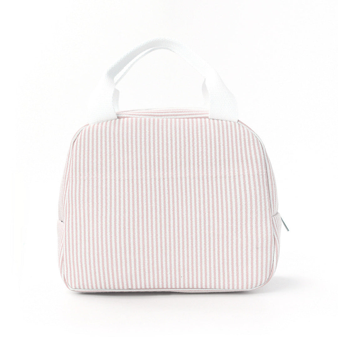 Pink striped insulated lunch bag with secure zip closure