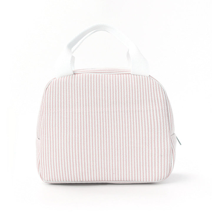 Pink striped insulated lunch bag with secure zip closure