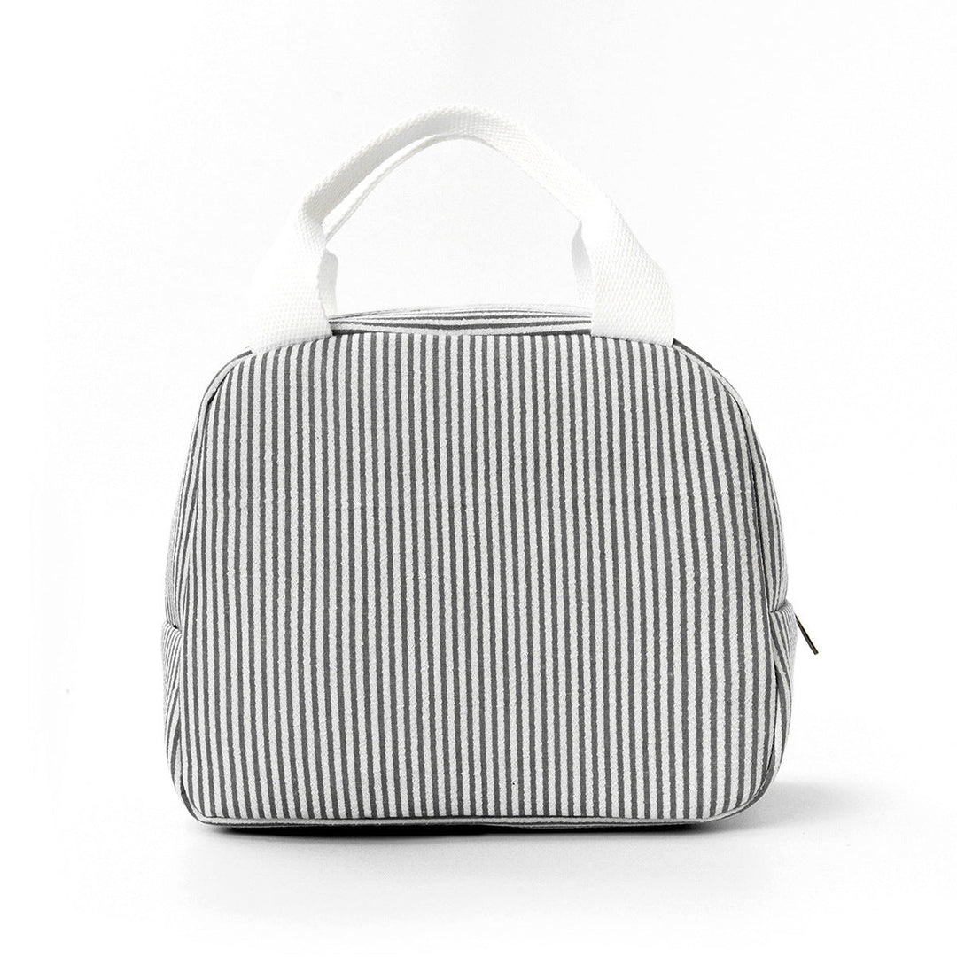 Striped thermal lunch bag interior showing leak-proof insulated lining