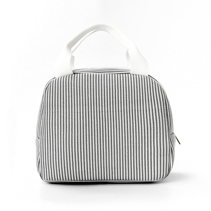 Striped thermal lunch bag interior showing leak-proof insulated lining