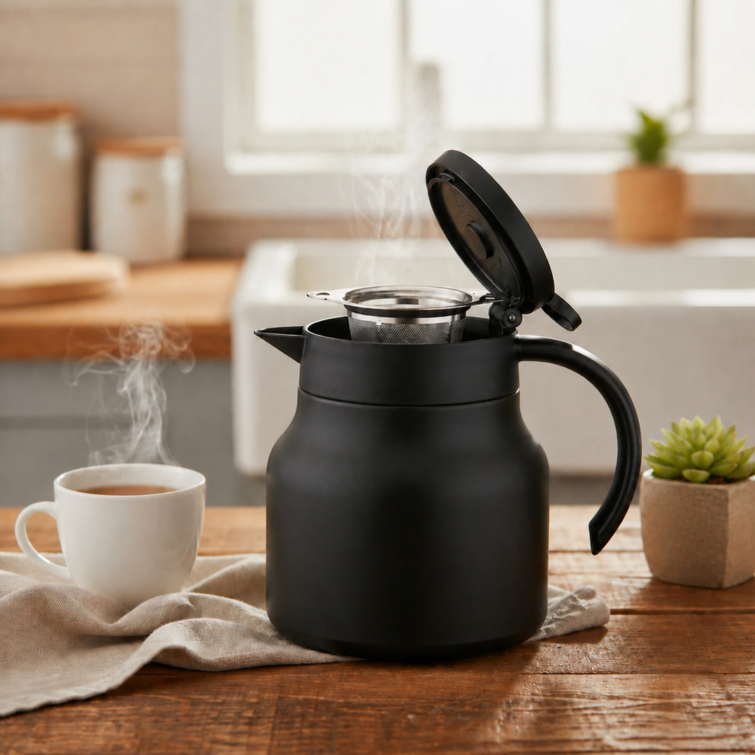 Black insulated teapot with open lid and infuser on wooden table