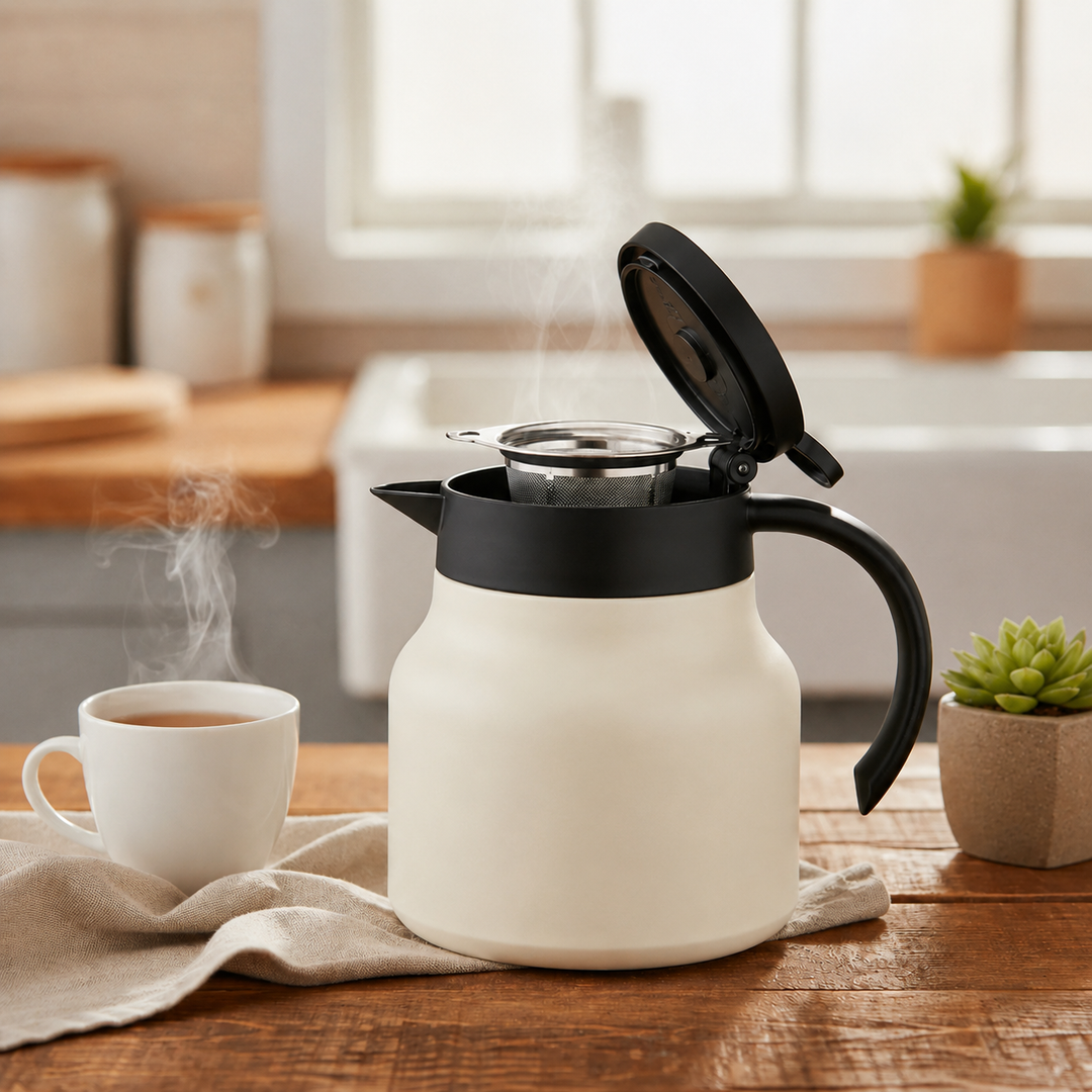 White insulated teapot with open lid and infuser next to a cup of tea
