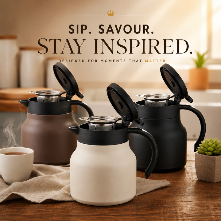 Three insulated teapots in brown, white, and black colors displayed together