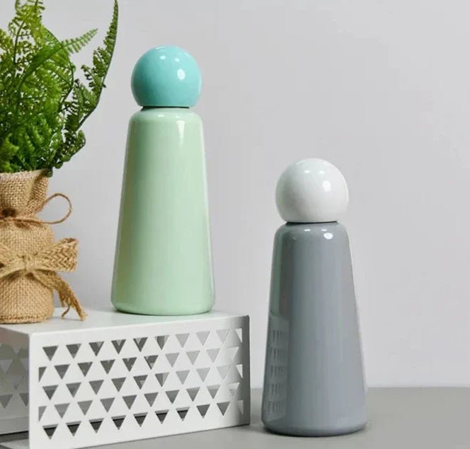 Green and gray insulated water bottles next to a small potted plant