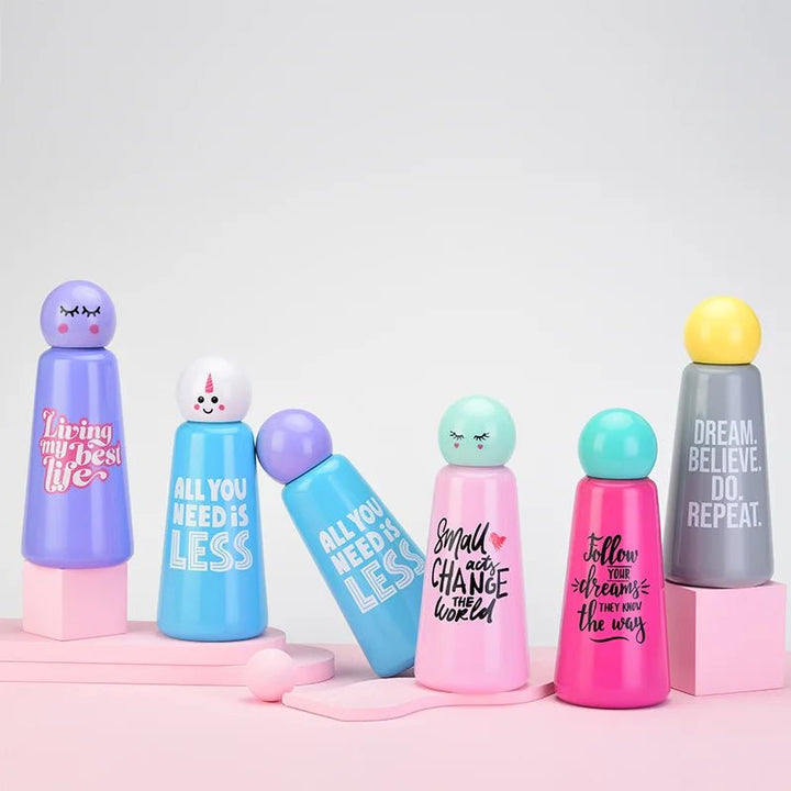 Assorted pastel insulated water bottles featuring decorative text designs