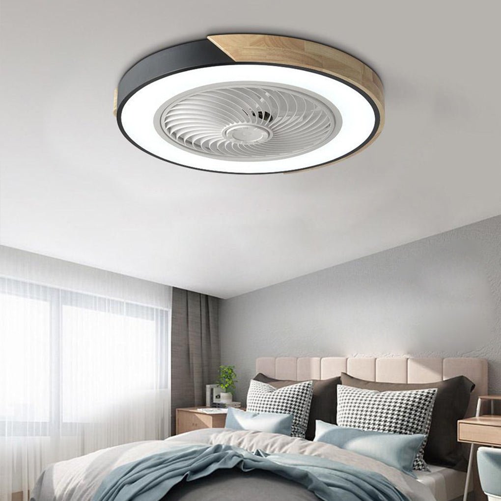 Detailed view of the modern LED bladeless ceiling fan housing and airflow vents