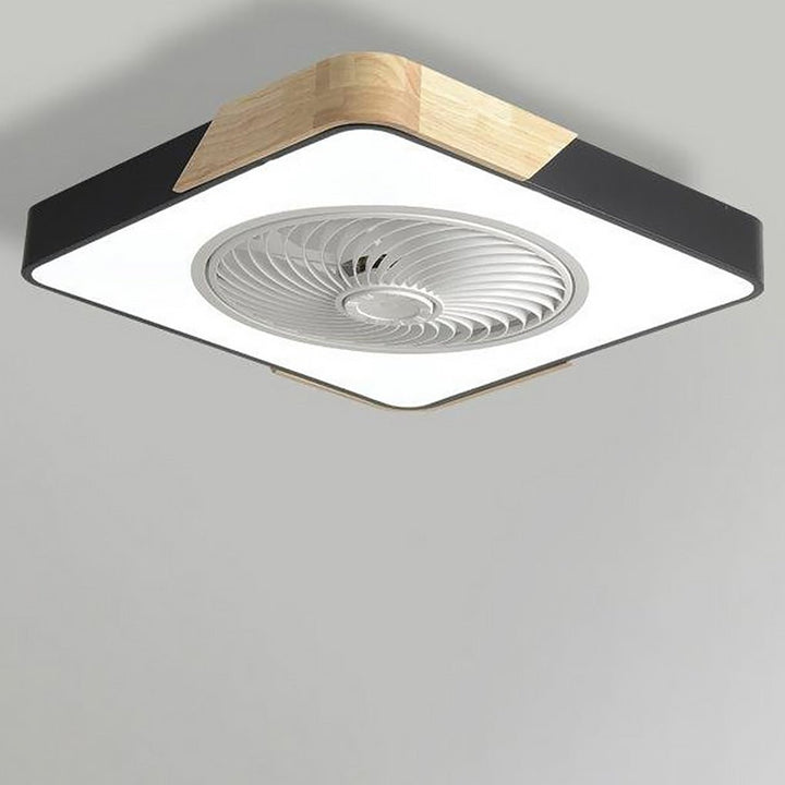 Smart bladeless ceiling fan with integrated LED light glowing softly in a cozy bedroom