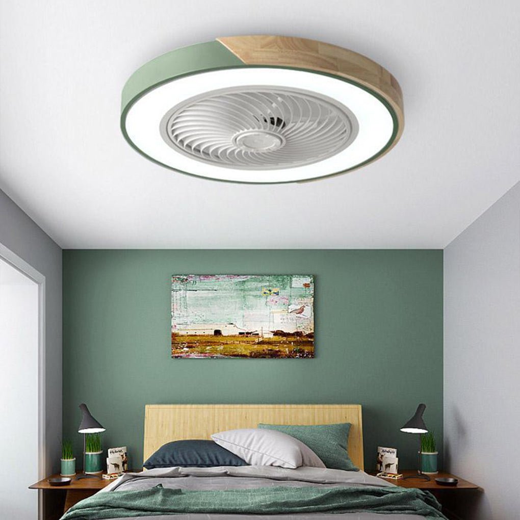 Modern integrated LED bladeless ceiling fan light lit up in a contemporary living room