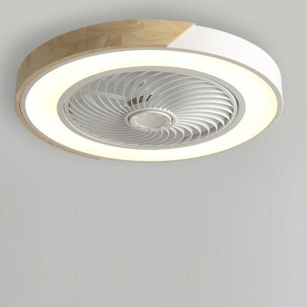 Sleek bladeless ceiling fan with dimmable LED light shown from a low angle view