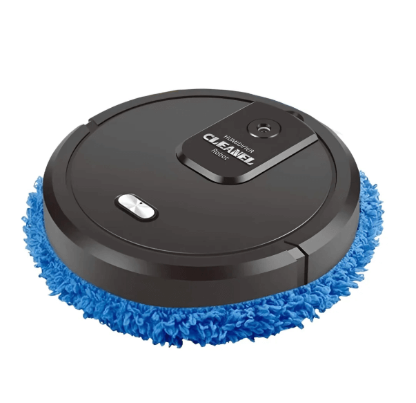 Black smart robotic floor cleaner with blue cleaning pad