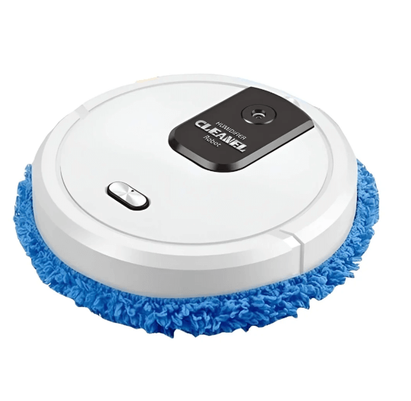 White smart robotic floor cleaner with blue cleaning pad