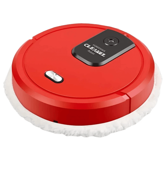 Red smart robotic floor cleaner with white cleaning pad